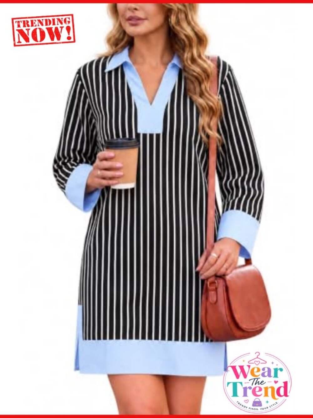 Striped Polo Dress V Neck 3/4 Sleeve Mini Casual Shirt Dress with Side Slit